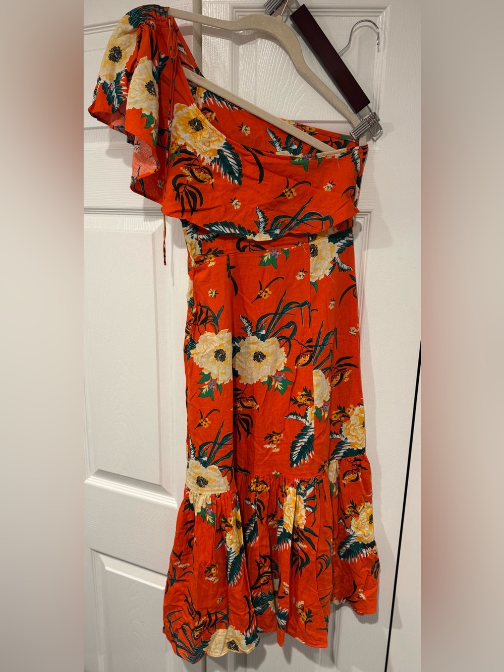 Urban Outfitters Orange Floral One-Shoulder Tiered Maxi Dress